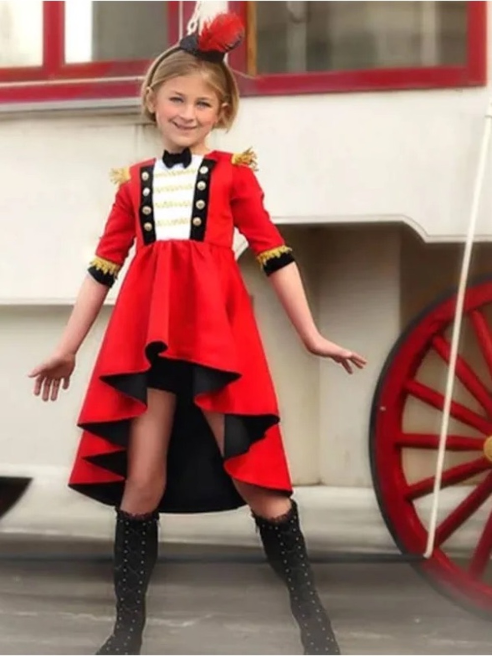 Girls Red Ringmaster High-Low Costume Dress with Black Trim